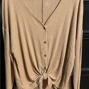 SO Beige Ribbed Button-Down Tie Front Top